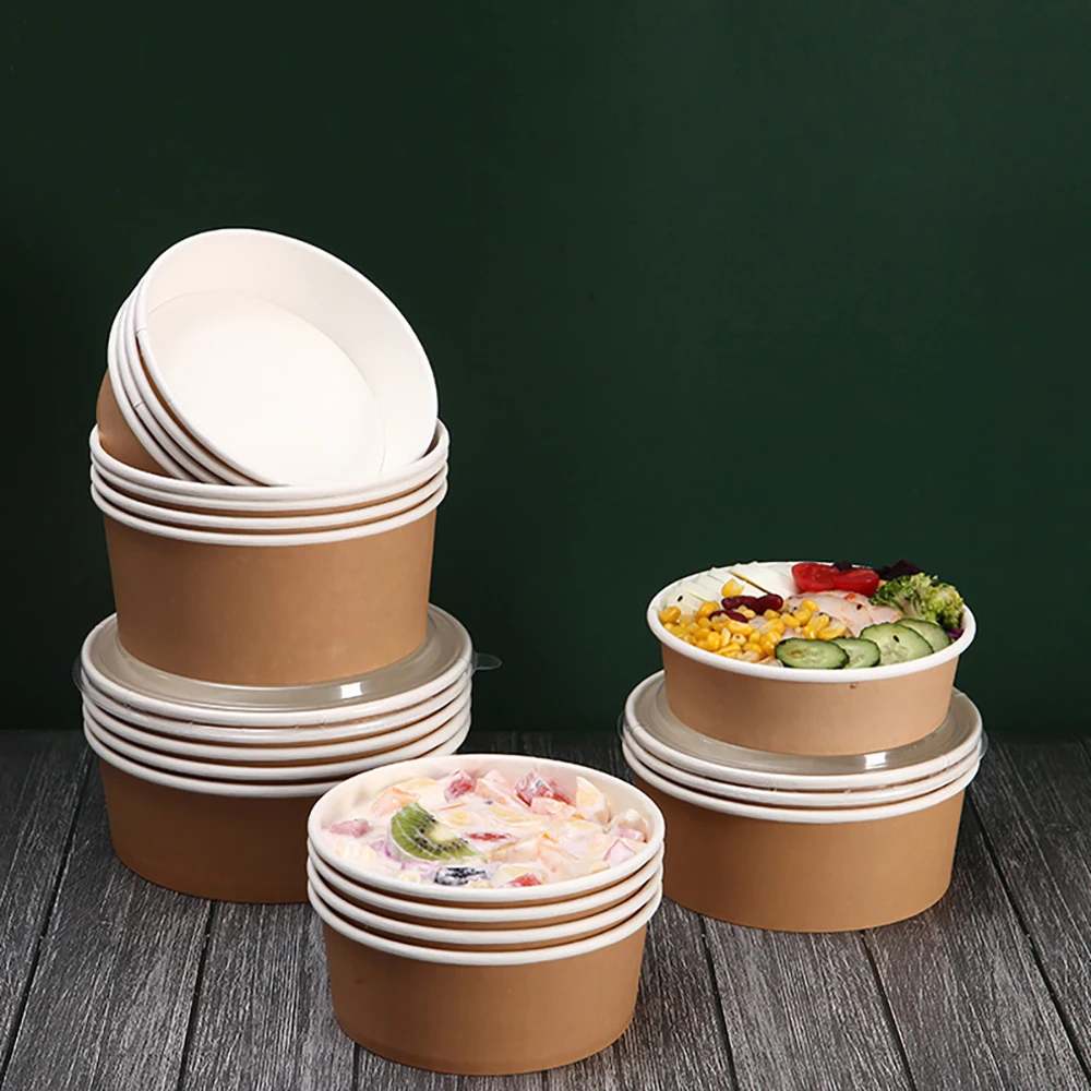 10PCS Kraft Paper Bowl Thickened Disposable Paper Bowl 500-1500ML Wedding Birthday Party Disposable Tableware