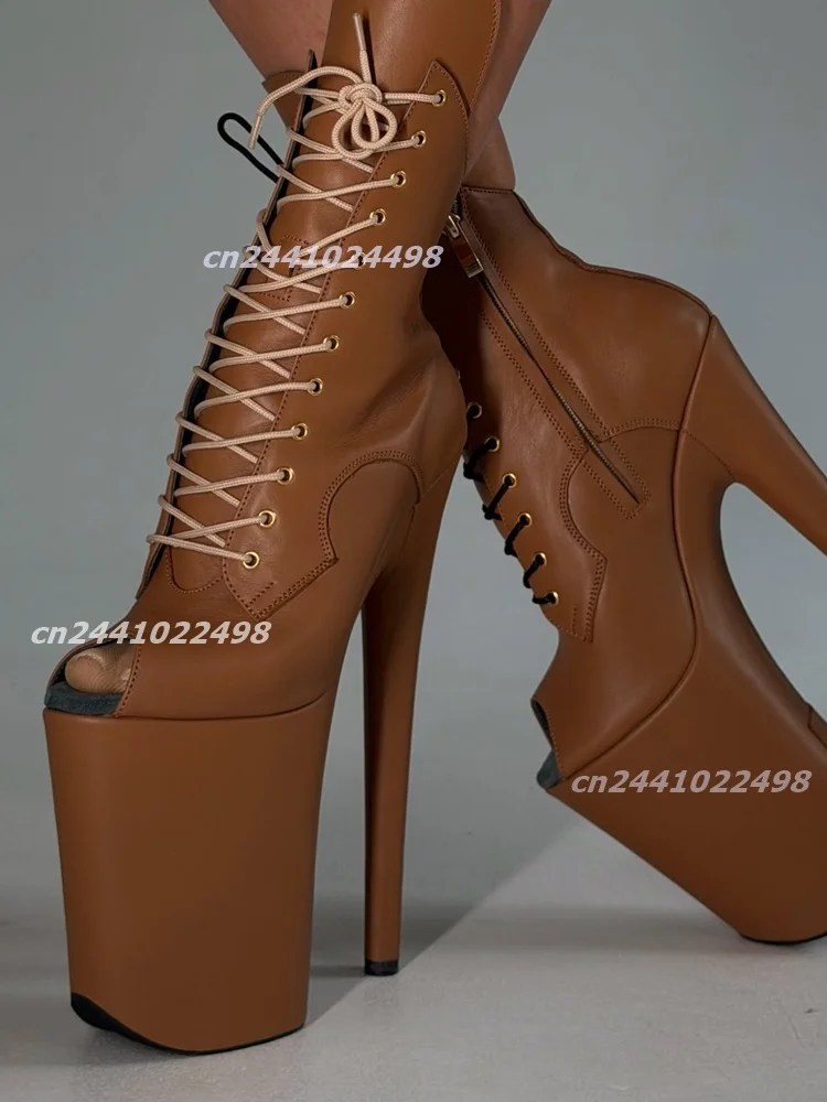Women Peep Toe Platform Ankle Boots Front Lace up Gold Eyelets Side Zipper Closure Sole Mid Shaft Ladies High Heel Boot Footwear