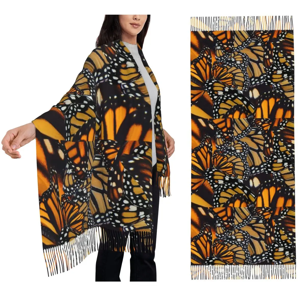 

Шарф с оранжевым узором и бабочкой, шарфы с кисточками для женщин, мягкие теплые шали и накидки, длинная осенне-зимняя шаль