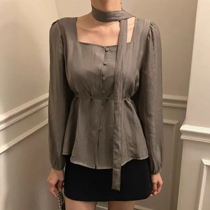 เสื้อเชิ้ตผู้หญิงแขนยาวผูกเชือก คอเหลี่ยม กระดุมแถวเดียว สีพื้น เรียบหรู ดูดี มีสไตล์ สำหรับฤดูใบไม้ผลิและฤดูใบไม้ร่วง