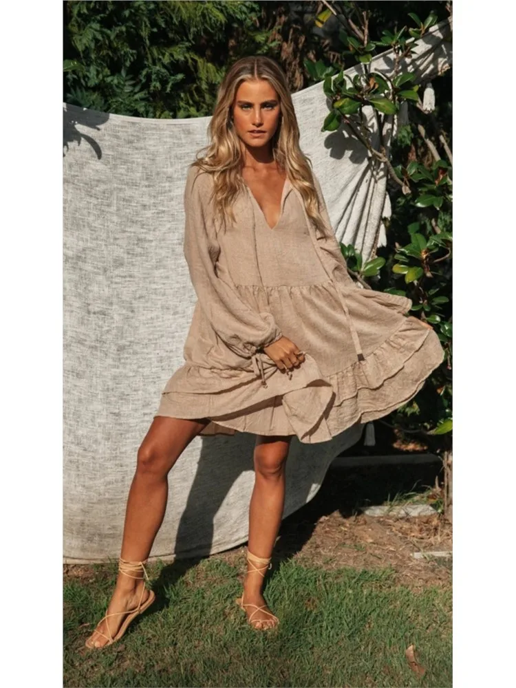 Spring Summer Loose Solid Women\'s Dress New Fashion V Neck Long Sleeve Beach Party Dresses Female Holiday For Women Robe Femme