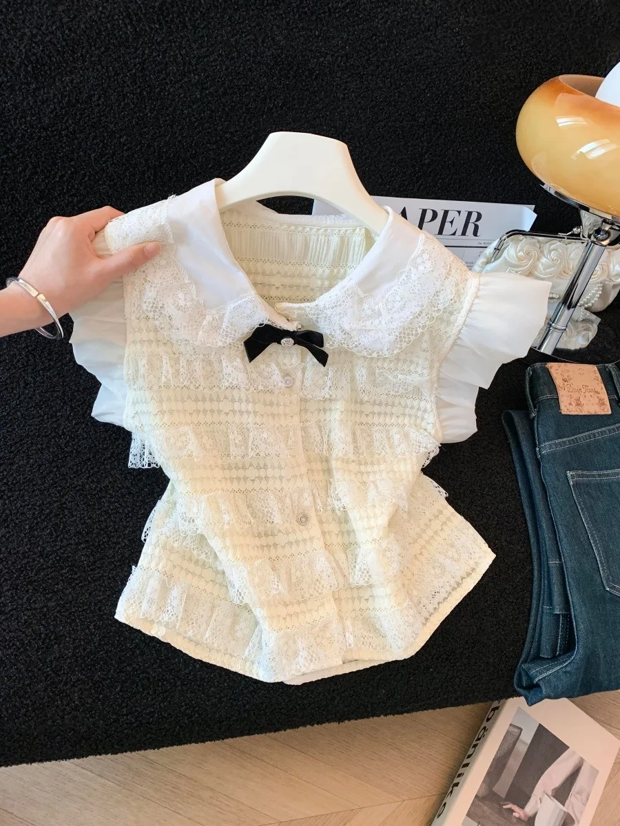 

Elegant Lace Patchwork Knot Embroidered Fly Sleeve Shirt Women's Summer Design Polyester Fiber High Waist Top