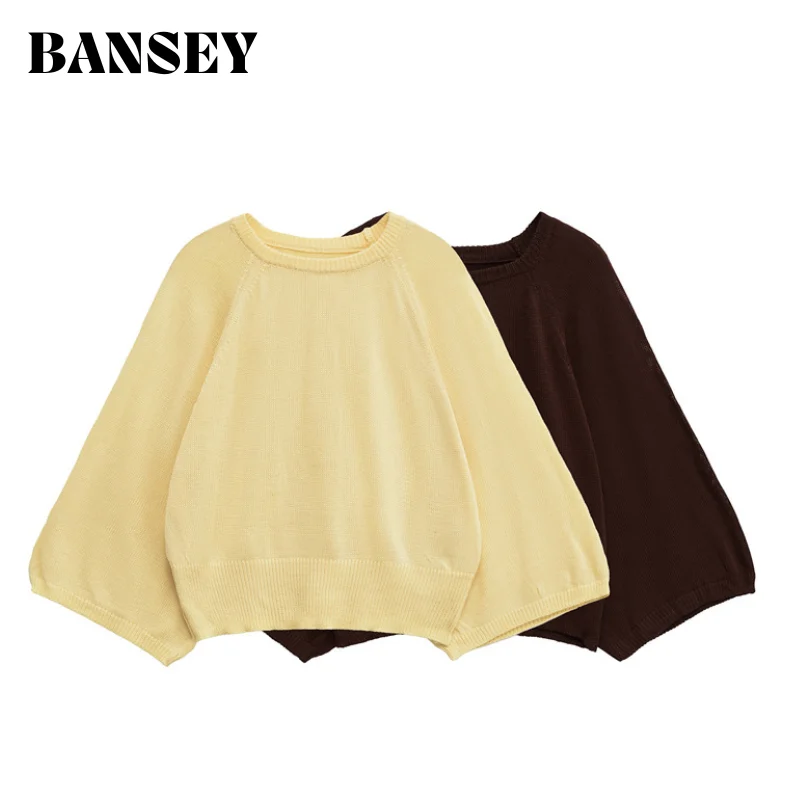 2025 nuevo suéter de punto cómodo de manga ancha con cuello redondo a la moda informal para mujer Top blusa amarilla Outlook diarios