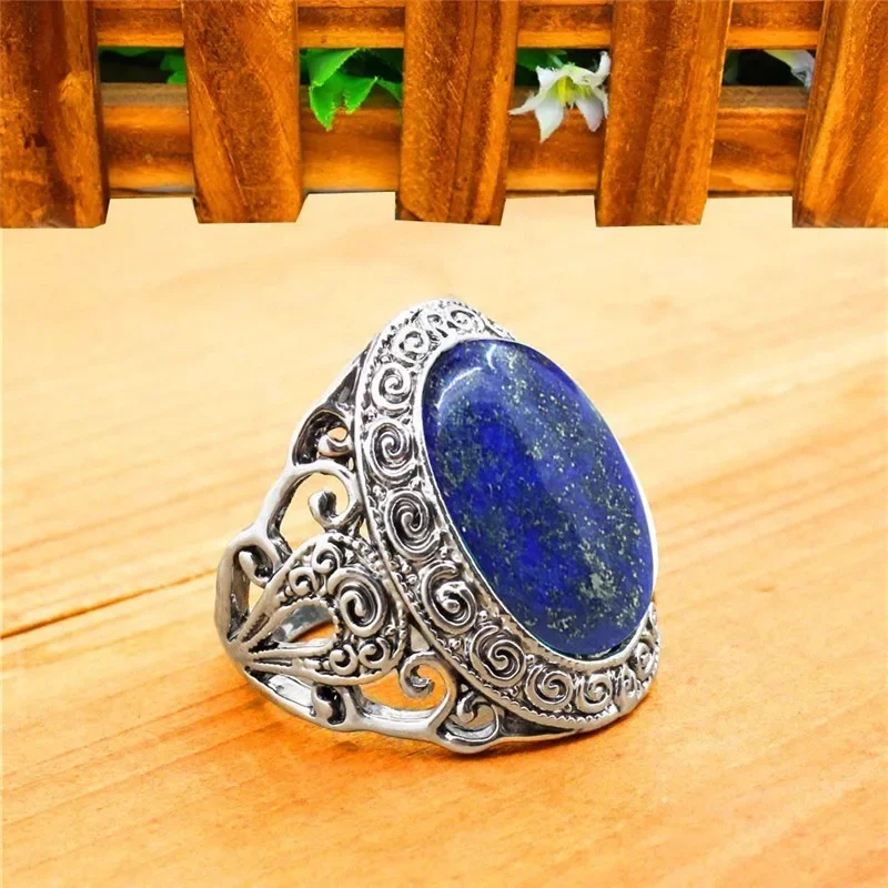 Vintage Lapis Lazuli Rings, Natural Stone Flower Ring, Antique Silver Plated Ancient Fashion Jewelry TR746