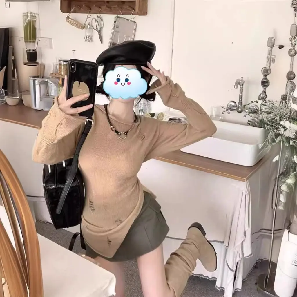 

Women's Hong Kong Style Sun Protection Blouse Lazy Fashion Cut out Design Gray Knitwear Autumn Top