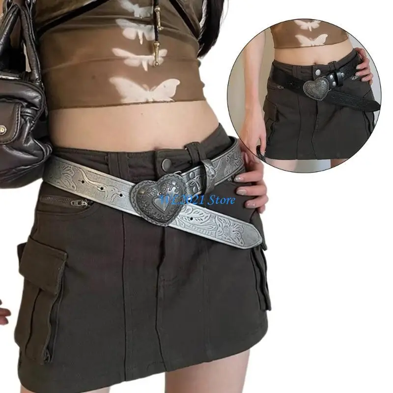 

G5GC Love Heart Buckle PU Belt for Women Waist Belt 2000s Embossing Pattern Belt for Teens Girl Western Cowgirls Waistband