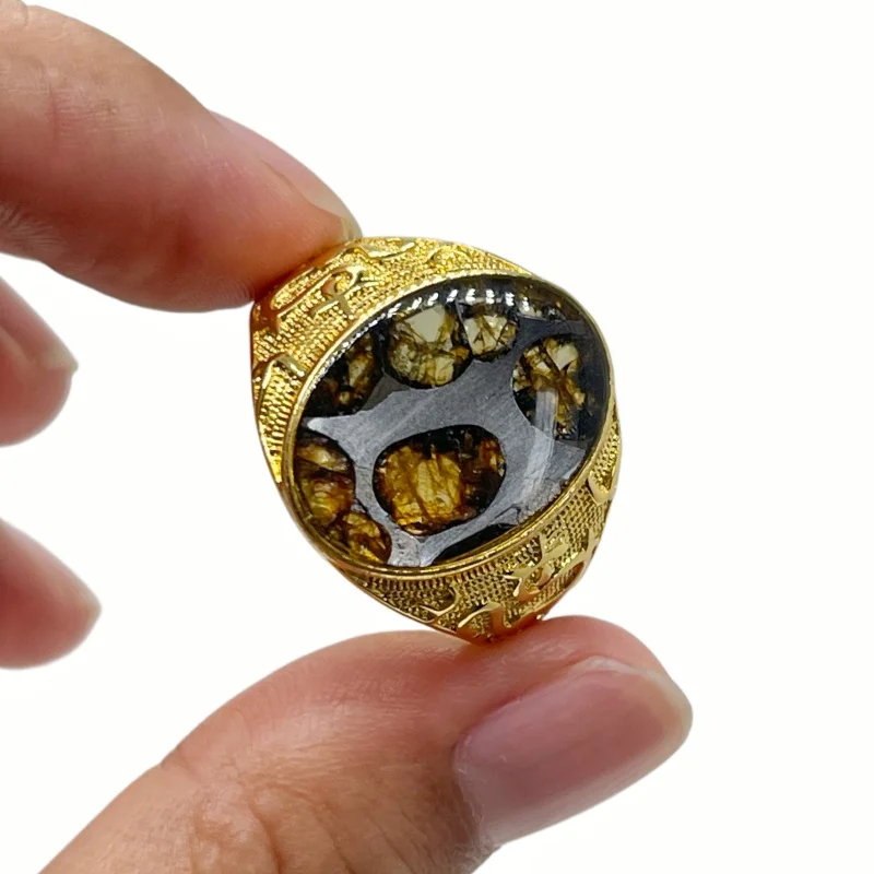 5.8g Seymchan Pallasite Meteorite Alloy Adjustable Ring Natural Olivine Crystal Inlay Finger Jewelry Collection- LB180
