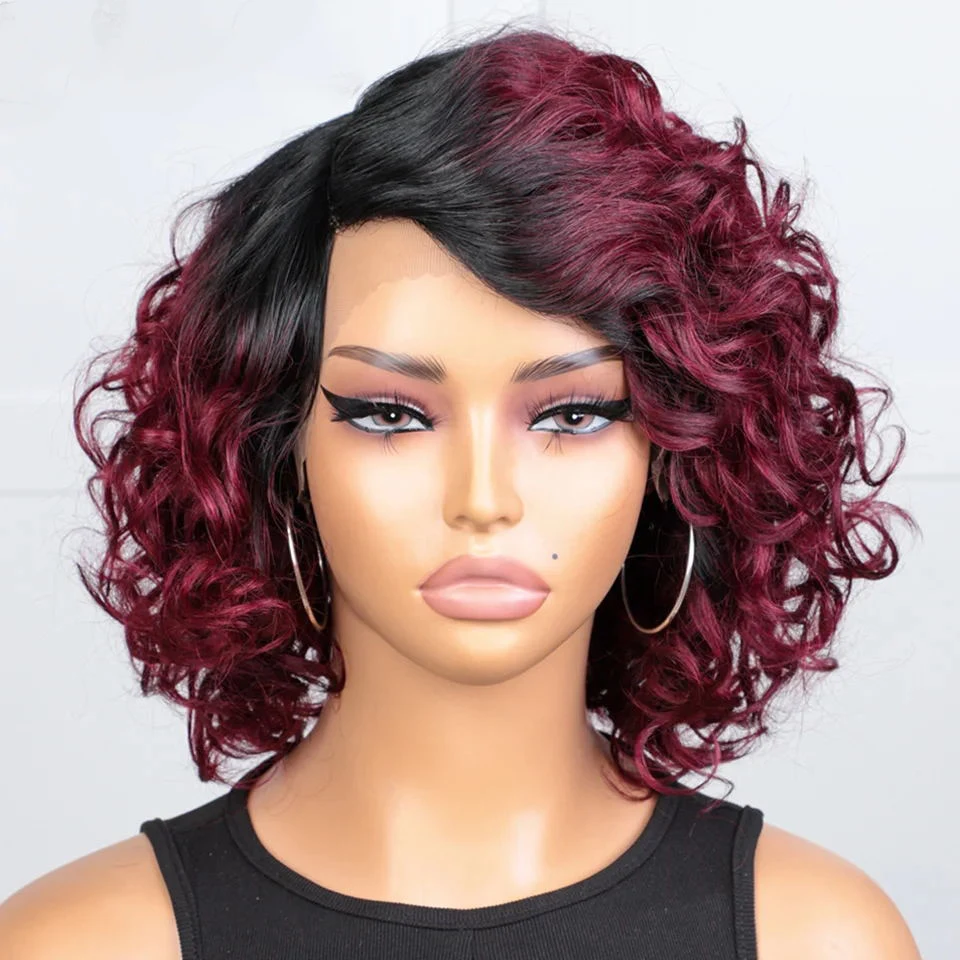 Slanke Bouncy Krullend Korte Bob Pruik Lace Front Menselijk Haar Pruiken Braziliaanse Hoogtepunt Bruin Water Wave Kant Menselijk Haar Pruik Voor Vrouwen