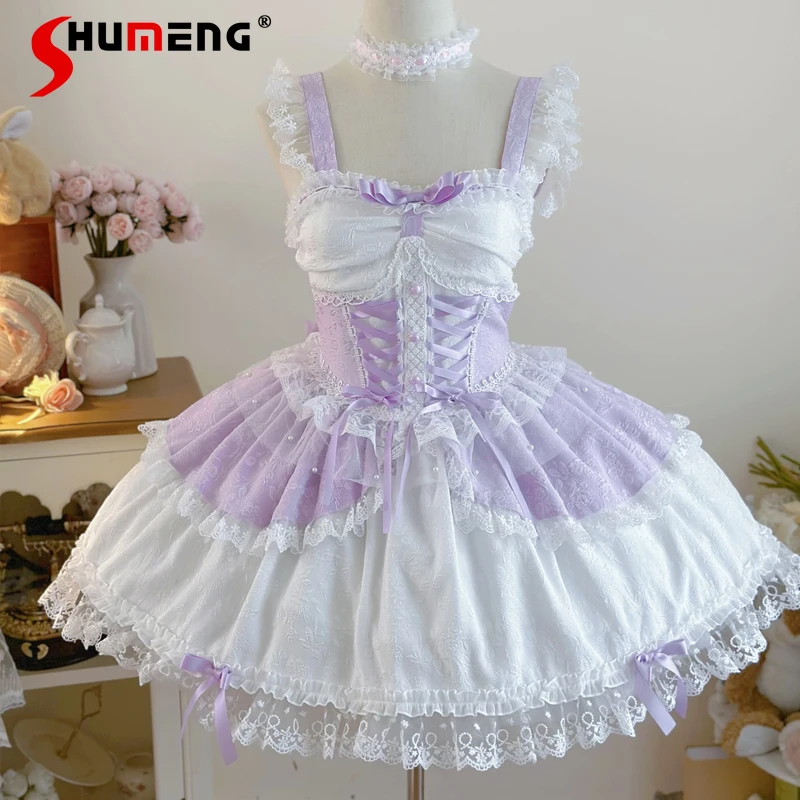 

Original Design Lolita Purple Dress Women's Sweet Cute Girls Lace Splicing Bow Princess Suspender Dress Birthday Party Dress