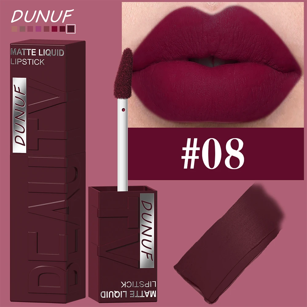 DUNUF 8-kleuren mat fluweel glad, eenvoudig aan te brengen lipgloss met vierkante buis, waterdichte driedimensionale opvullende lippenstift