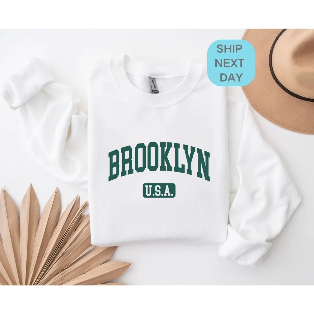 Brooklyn USA Print Sweatshirt Retro City Geïnspireerd Grafisch Cool Streetwear Casual Losse Comfortabele stoffen tops met lange mouwen