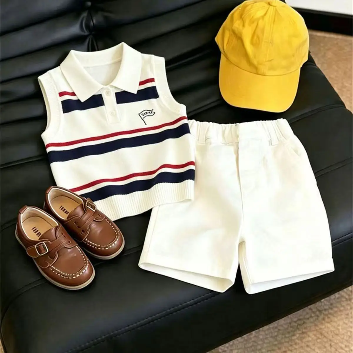 

Boys'and Girls Summer Set Fashion New Style Children's Striped Polo Collar Sleeveless Knitted Vest +Casual Shorts 2-piece Set