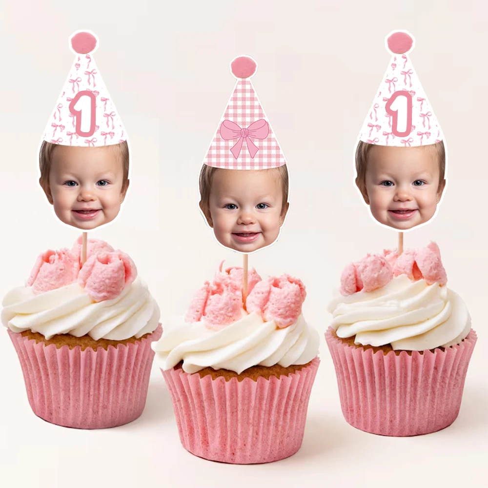 6/12/24 Stück personalisierte rosa Schleife Geburtstagstorte Topper individuelles Gesicht Foto Alter 1. Geburtstag Party Dekor Schleife Thema Partyzubehör