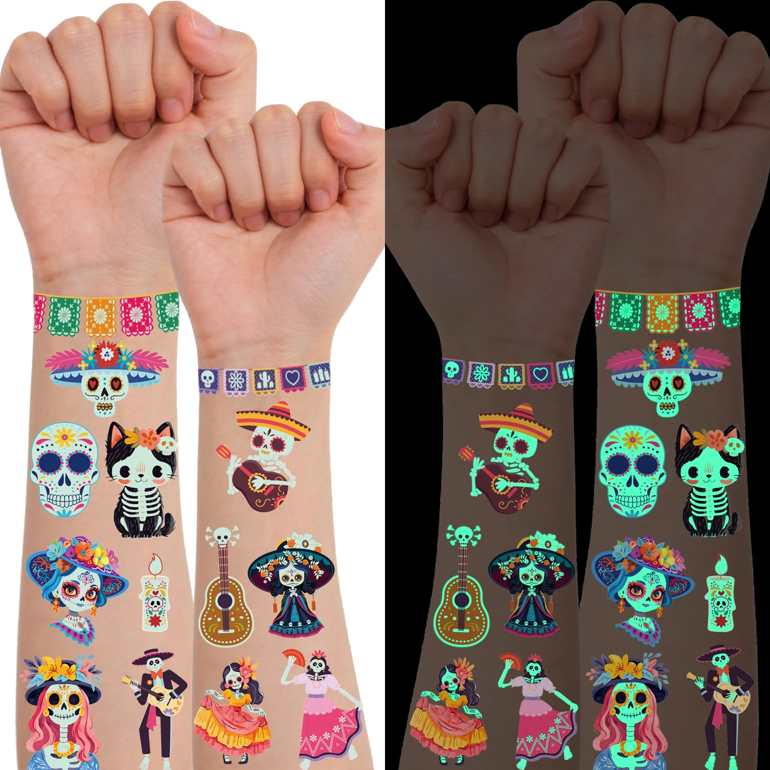 10 Sheets Temporary Tattoos That Glow in the Dark, Mexican Day of the Dead Festival Tattoos, Day of the Dead Party Decorations