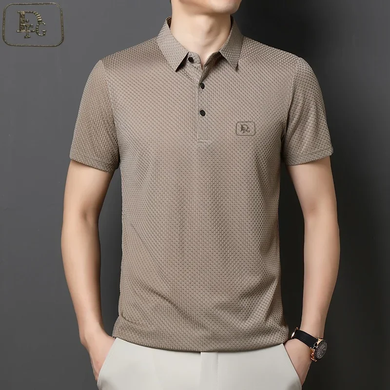 

Summer Men's Fashion Business High Quality Polo Shirt New Exquisite Relief Short Sleeve Casual Comfortable Ice Silk T-shirt
