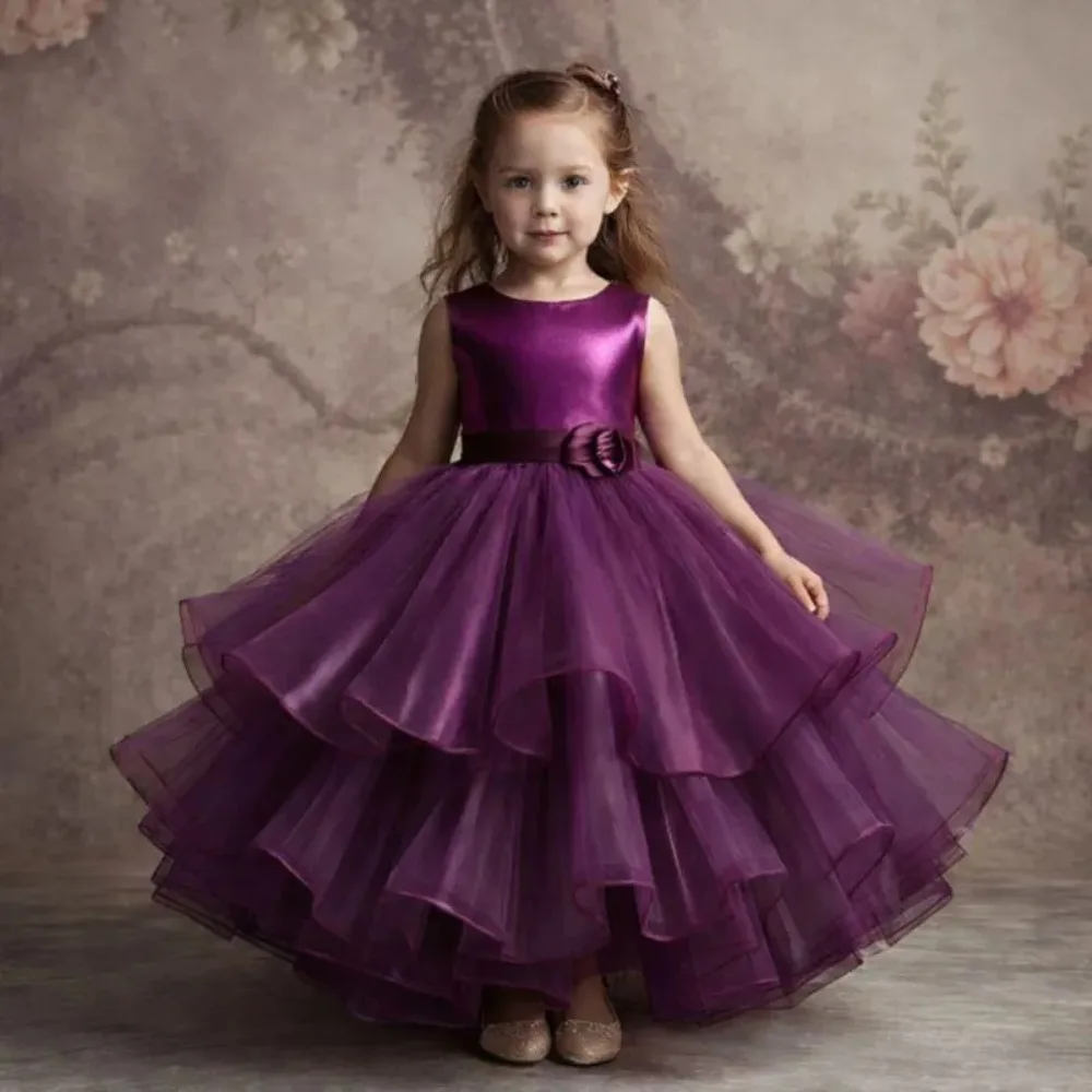 

Индивидуальное фиолетовое платье для девочки на свадьбу 2026: А-силуэт, с оборками, бальное, из фатина, с круглым вырезом, для дня рождения, причастия, детские платья