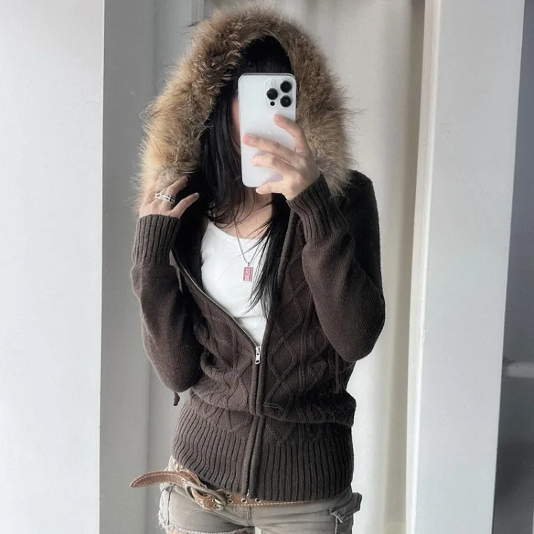 Vintage Casual Hooded Fried Dough Twists Sweater Mujer 2025 Autumn New Coat Women Y2k Long Sleeve Zipper Knitted Tops