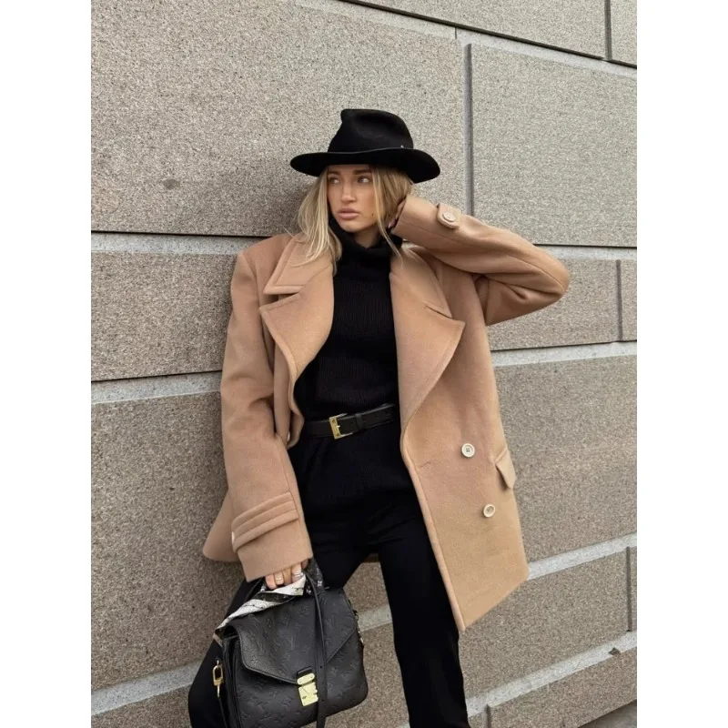 

Casual Lapel Overcoat Women Fashion Double Breasted Full Sleeve V-neck Loose Jacket Lady Autumn Daily Commute Outerwear