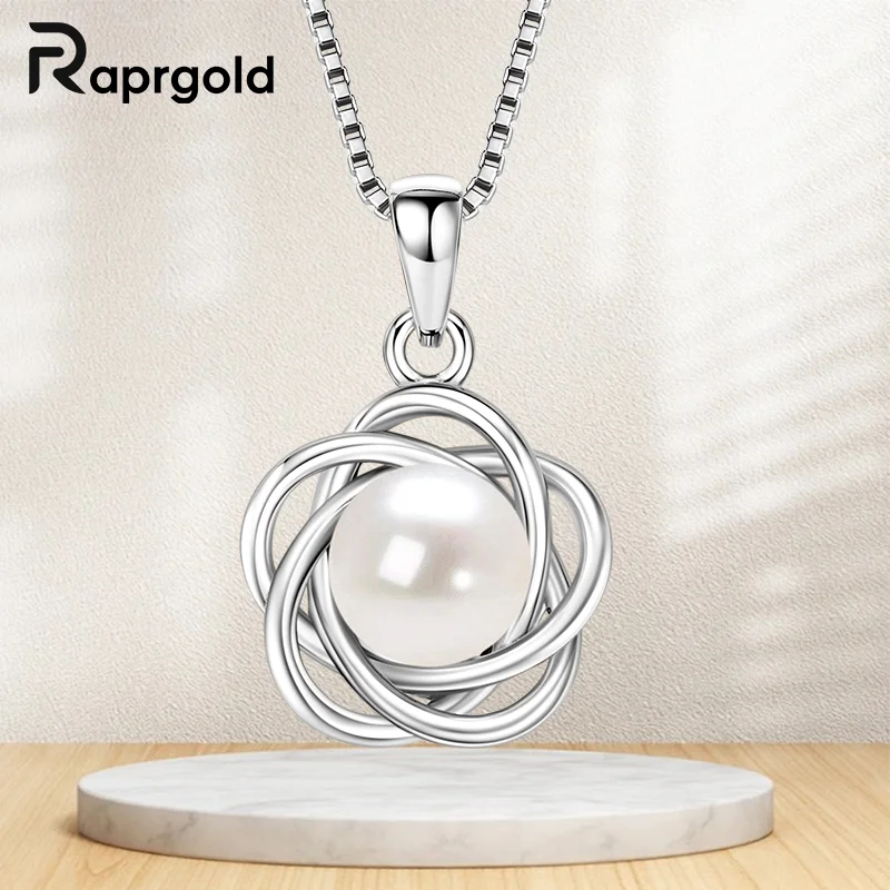 

​RAPRGOLD Natural Fresh Water Pearl Flower Pendant Necklace Real 925 Sterling Silver Box Chain For Women Neck Fine Jewelry Gift