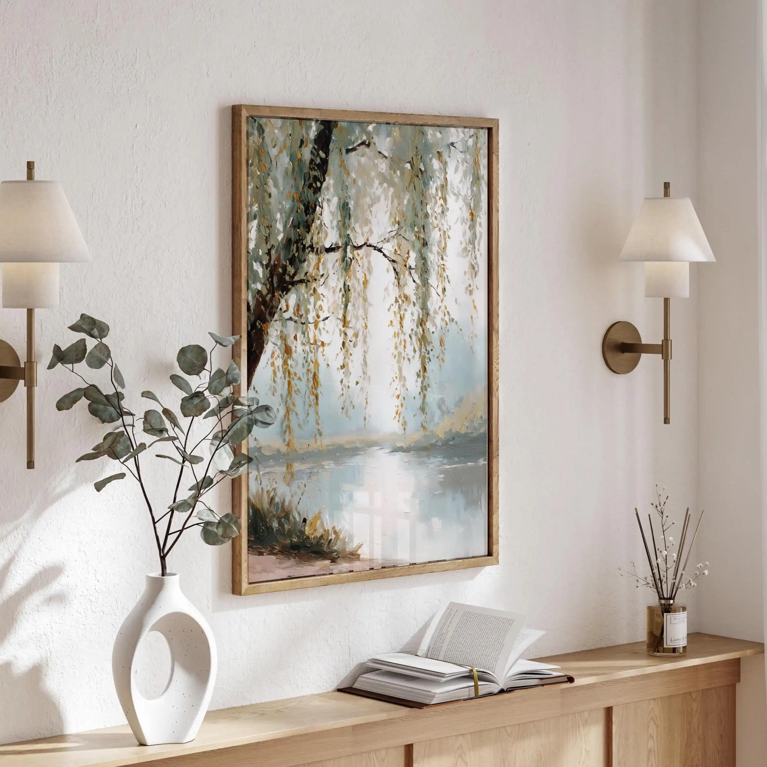 Set of 3: Willow Tree Countryside Art Prints | Sage Green Living Room Art | Neutral Kitchen Decor | Dark Green Bedroom Wall Art
