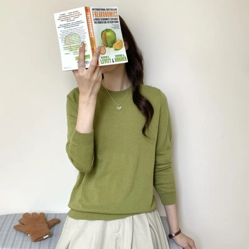 

Basic Round Neck% Wool Knitted Base Shirt Top Women 25 Autumn New Pullover Long Simple Sweater