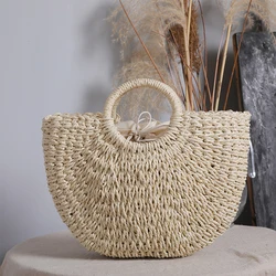 Summer Half-moon Straw Bag For Women Handmade Portable Handbag Large Capacity Beach Bag Basket Woven Top-handle Bag Purse Totes