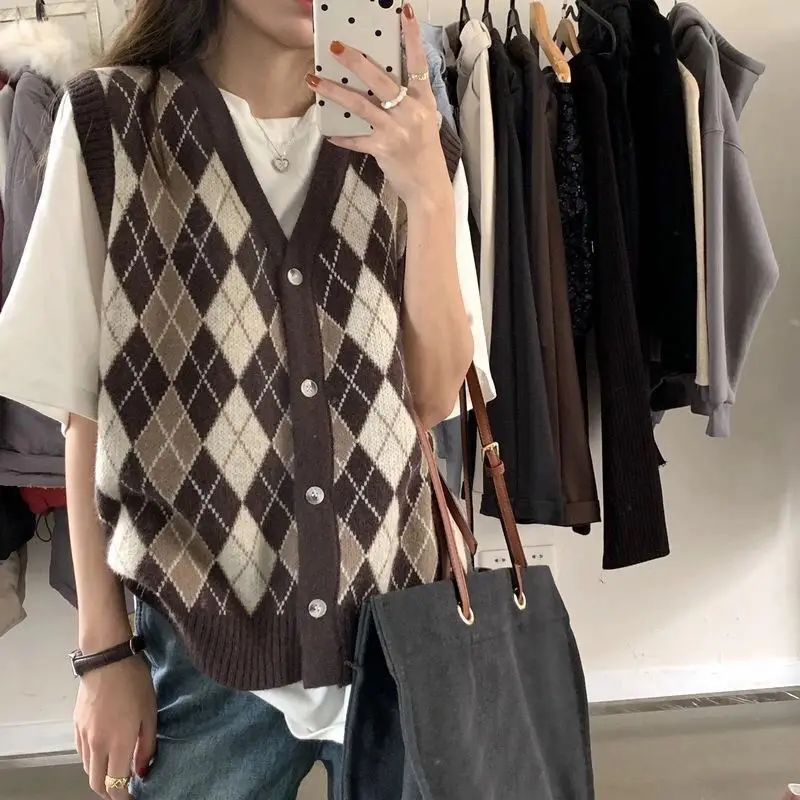 Inghilterra maglione Vintage gilet donna scollo a v senza maniche sciolto Preppy Hipster Mujer maglioni termici signore classico popolare maglieria