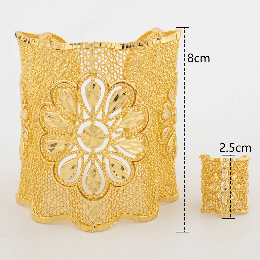 Hohles Modisches Goldfarbenes Manschettenarmband, Ring, Kupferlegierung, Vergoldeter Schmuckset, Armreif für Damen, Täglicher Gebrauch, Party, Hochzeitsgeschenke – Detail 12