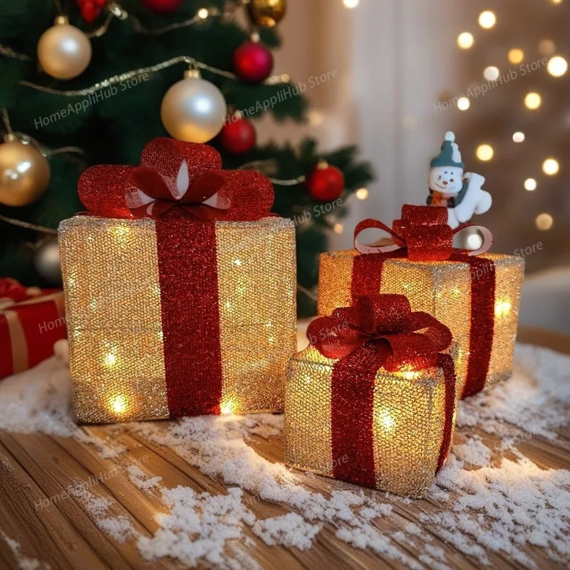 Christmas Decoration Gift Box Three-piece Stack Head Ornament Wrought Iron Box Luminous Christmas Supplies Scene Arrangement