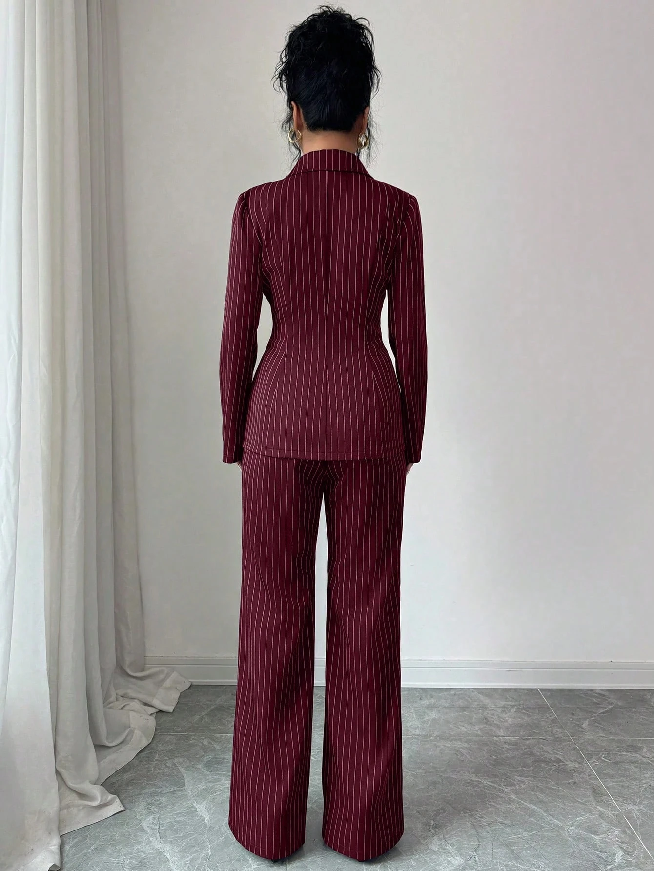 Women Wine Red Pinstripe 2 Piece Suit Set, Asymmetric Waist Oblique Button Slim Blazer + High Waist Wide Leg Flared Pants, Europ