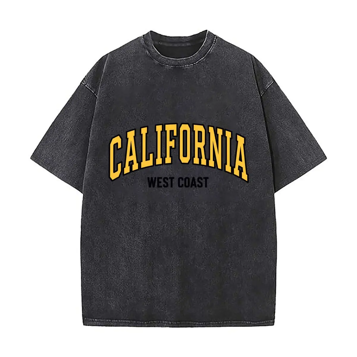 California West Coast Yellow Varsity Text Design Washed Distressed Loose Streetwear Tops for City Walks