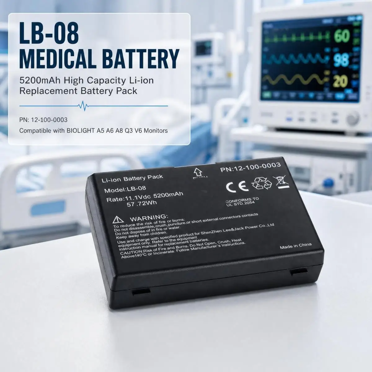 LB-08 12-100-0003 5200mAh Li-ion Medical Replacement Battery Compatible with BIOLIGHT A5 A6 A8 Q3 V6 Vital Signs Patient Monitor