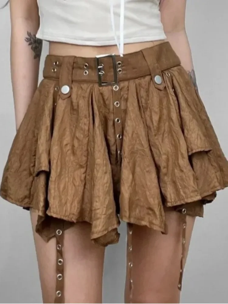 West Retro Bohemian Style Maillard Women Crumpled Layer Mini Skirt with Belt Strap Short Skirt Grunge E-Girl Y2K Acubi Outfit view 3