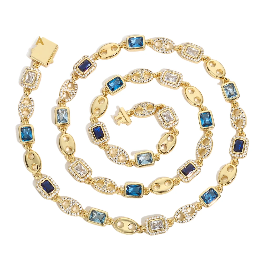 

Hip hop Necklace Women Charm Accessory Rectangular Blue Zircon Coffee Bean Shaped Gold Plated Silver Plated Chain