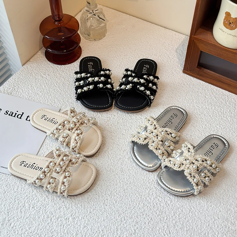 

Children Slippers Summer Kids Chic Checkered Princess Sandals with Simple Pearl Sweet Fashion Elegant Slippers for Kids Outdoor