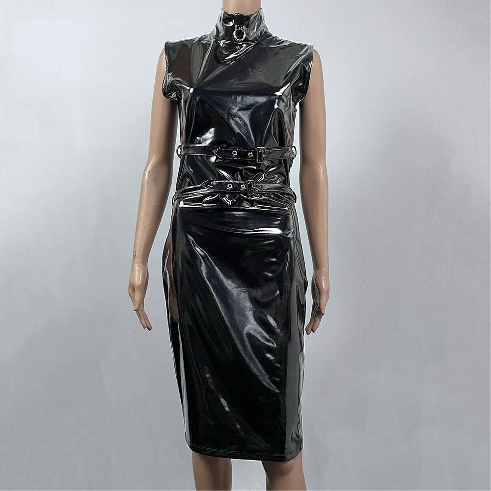 

New latex ammonia glossy sleeveless high neck tight skirt Q39 stage performance one-piece long skirt jazz dance