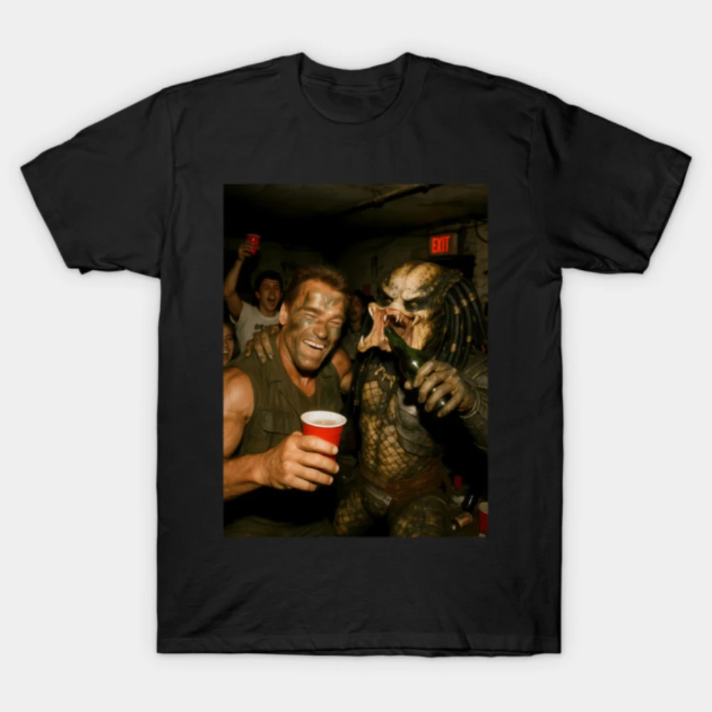 2026 Herren Damen Baumwoll-T-Shirt Lustiges Arnold und Predator Party Foto-Print Lässige Alltagskleidung Retro Film Meme Grafik-Kleidung – Detail 2