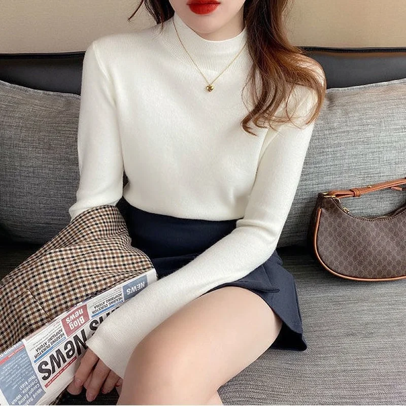 Women Mock neck Sweaters Autumn Winter Korean Slim Pullover Women Basic Tops Casual Soft Knit Sweater Soft Warm Jumper