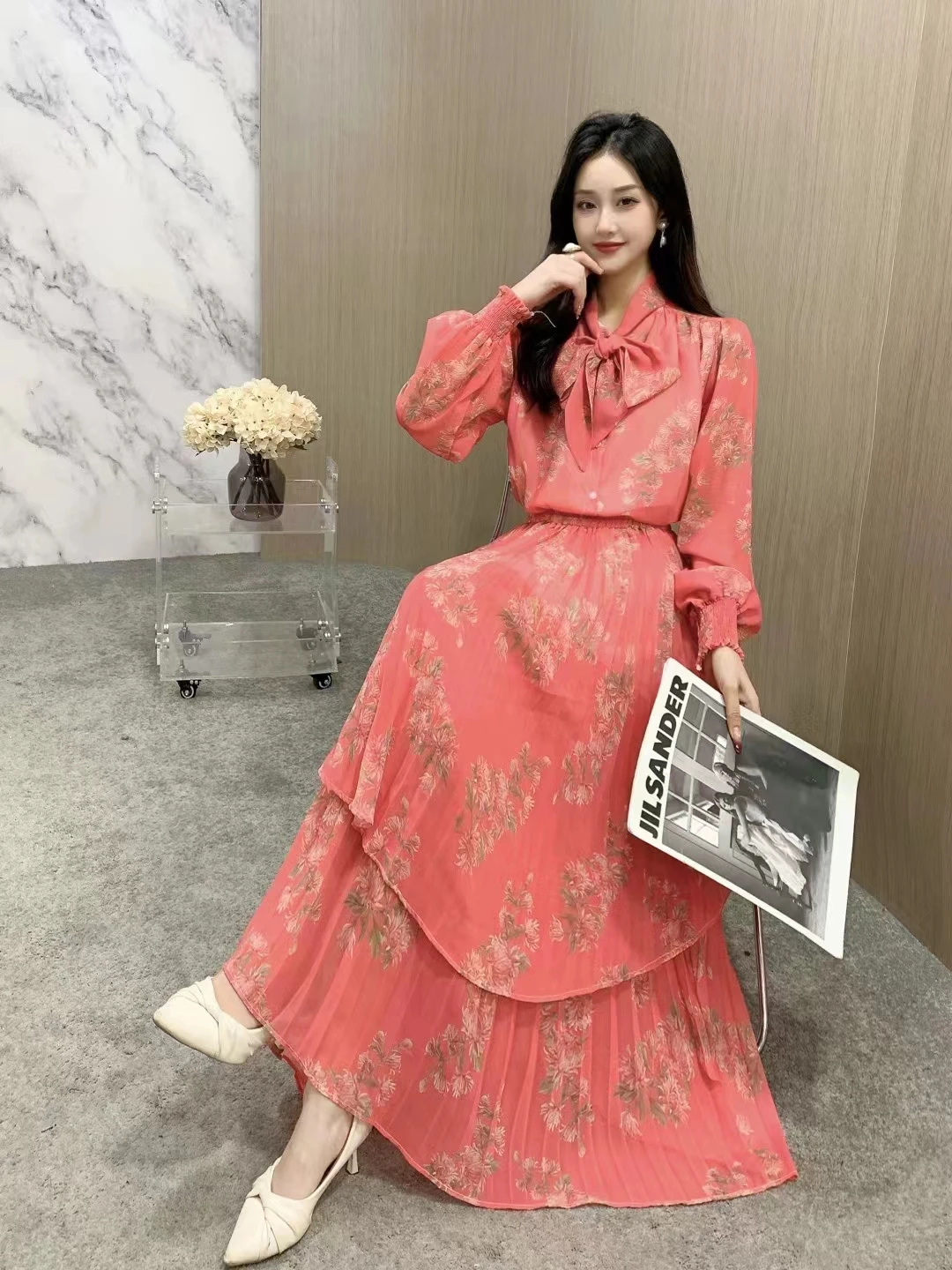 New Spring Autumn Women Sweet Floral Skirt Suits Long Sleeve Chiffon Shirt And Double layered Pleated Long Skirt Two Piece Set