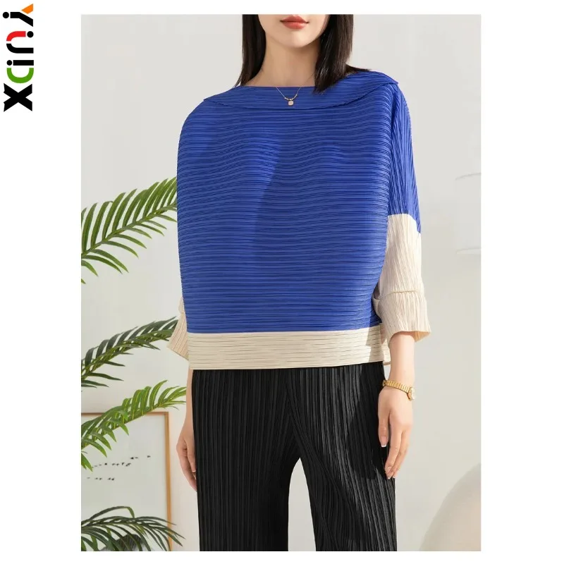 

YUDX Miyake Pleated Blouse For Women Peter Pan Collar Long Sleeves Contrast Color Tops Casual Female Clothing 2024 New