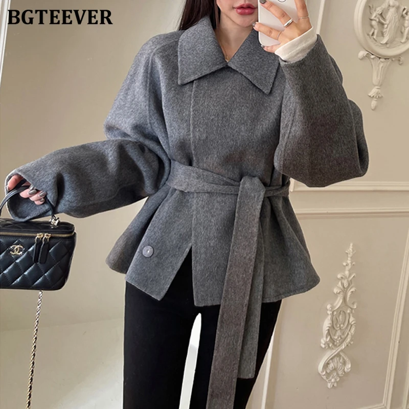 BGTEEVER Elegant Thicken Warm Women Blend Coats Autumn Winter Lapel Belted Female Woolen Jackets