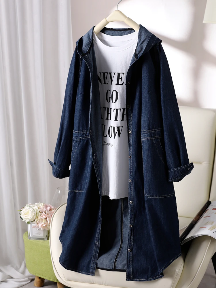 

Осенний новый джинсовый кардиган средней длины для женщин, однотонный, с капюшоном, длинными рукавами, большими карманами, повседневный, на одной пуговице