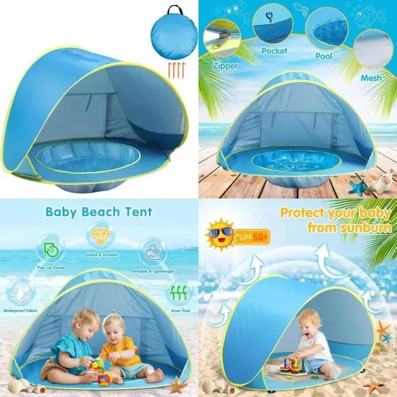 

Baby Beach Tent Uv-protecting Sunshelter With A Pool Baby Kids Beach Tent Pop Up Portable Shade Pool UV Protection Sun Shelter