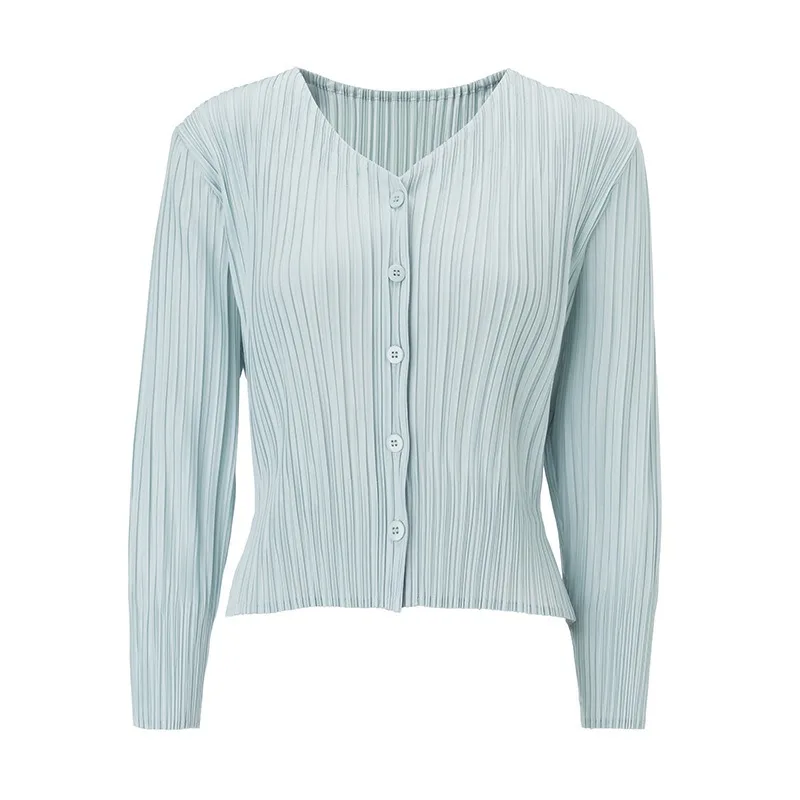 Pleated Cardigan Top 2026 Air Conditioning Shirt Long Sleeve V-Neck T-Shirt Jacket Women's Lightweight Stretchy Clothing