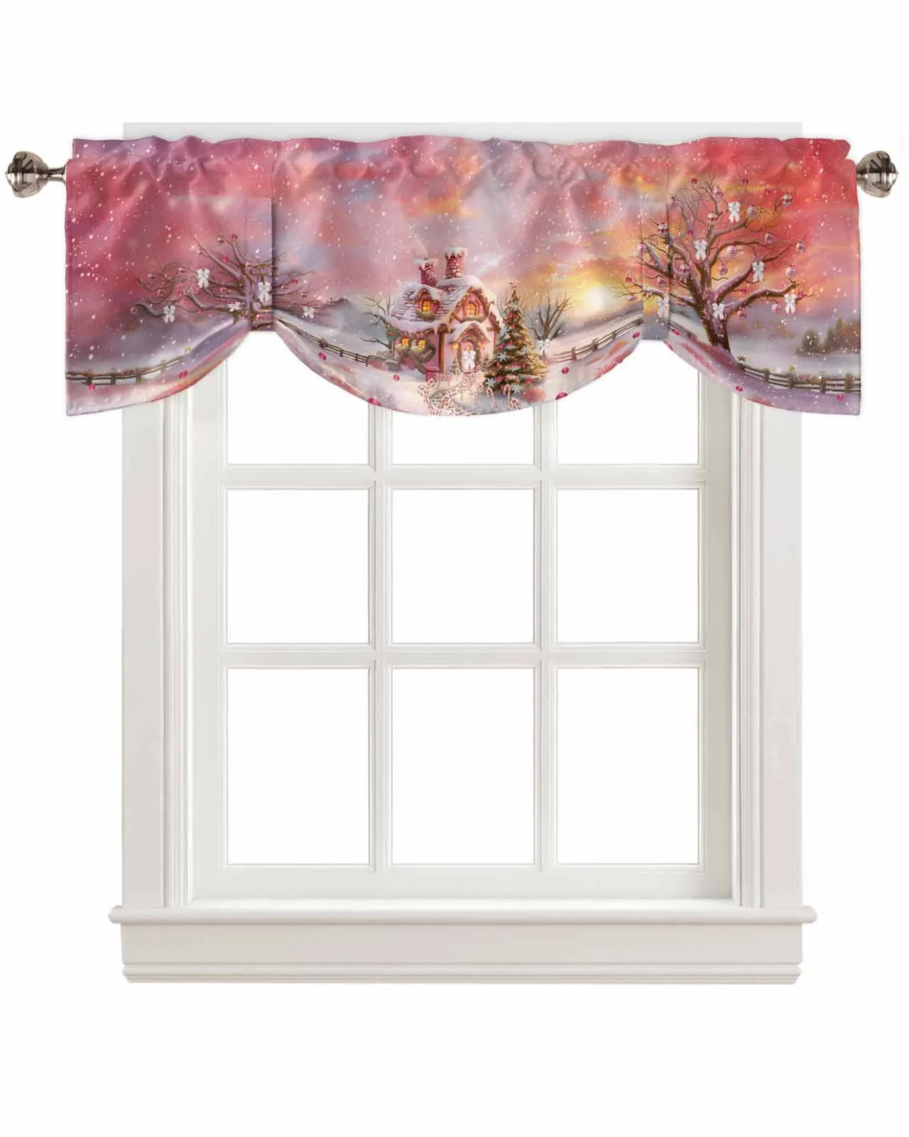 Christmas Candy House Snow View Window Curtain Living Room Kitchen Cabinet Tie-up Valance Curtain Rod Pocket Valance