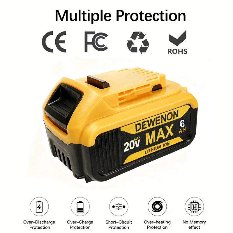 Originální 20V 6AH dobíjecí lithium-iontová záložní baterie pro elektrické nářadí DeWalt, DCB206, DCB182 DCB200 pro DeWalt 20V - náhled 3