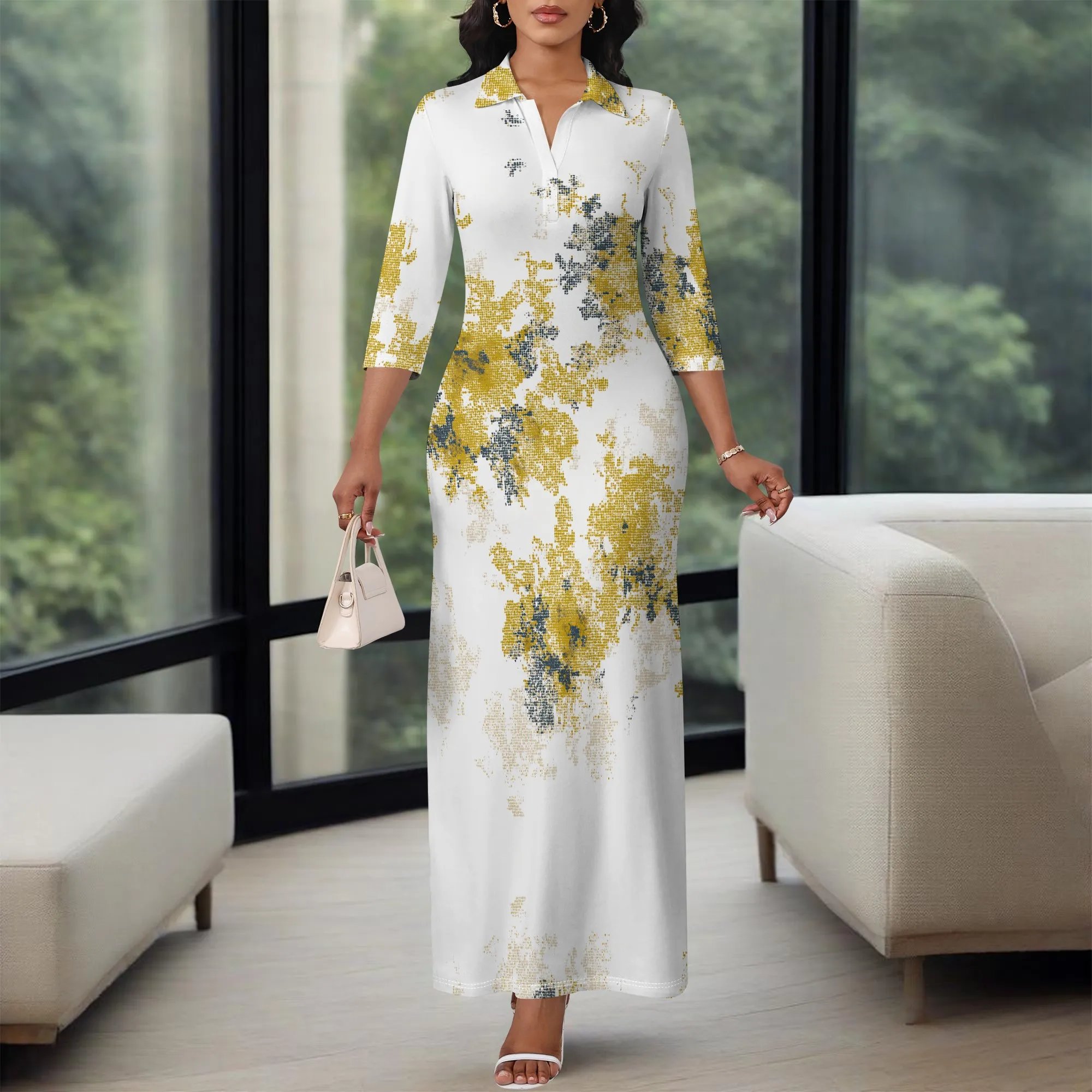 

Abstract Yellow Print Maxi Shirt Dress XS-3XL Long Sleeve Elegant Style for Easter, Art Gallery Visit or Spring Church Look