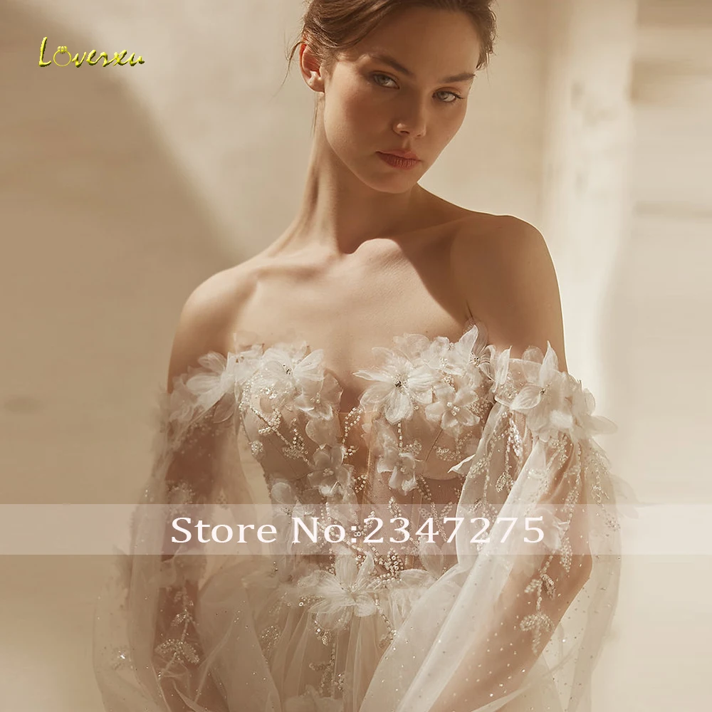 Loverxu A-Line Chic Wedding Dresses 2024 Strapless Puff Long Sleeve Vestido De Novia Appliques Flowers Illusion Robe De Mariee