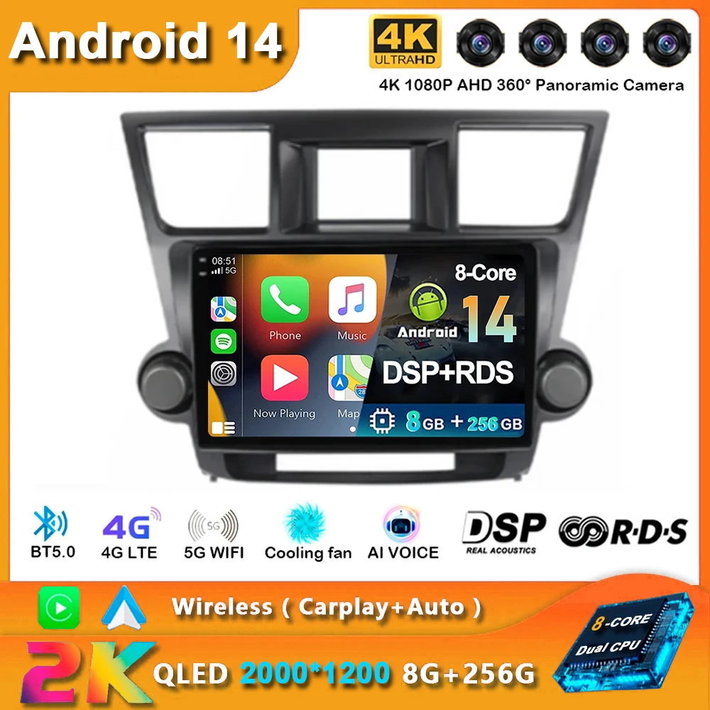 Android 14 Car Radio For Toyota Highlander 2 XU40 2007 - 2013 Navigation Multimedia Player Stereo GPS WiFi+4G DSP Carplay+Auto