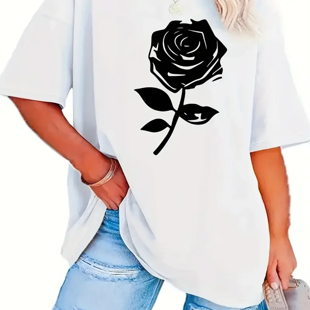 Plus Size Rose Print T-Shirt Casual Short Sleeve Crew Neck T-Shirt For Spring & Summer Women\'s Plus Size Clothing